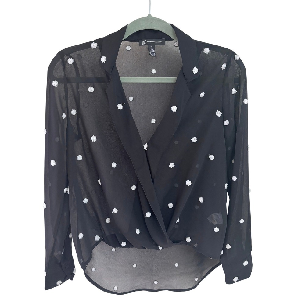 INC International Concepts Black Sheer Pom Pom Polka Dot Faux Wrap Blouse PS